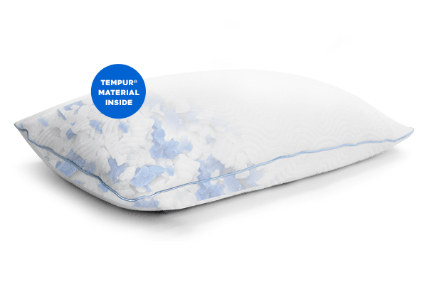 image of the Tempur-Cloud Adjustable pillow showing the inside fill with a blue badge saying "Tempur material inside"
