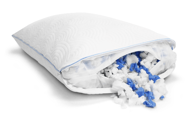 image of the cloud adjustable pillow with the cover and inside liner unzipped with the fill coming out